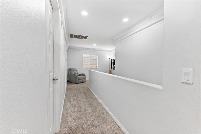 3883 Taconite Rd, San Bernardino, CA 92407 - hallway with carpet, recessed lighting, crown molding, baseboards, and an upstairs landing