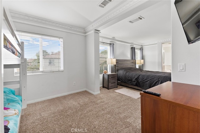 3883 Taconite Rd, San Bernardino, CA 92407 - bedroom with light colored carpet, ornamental molding, baseboards, and ensuite bathroom