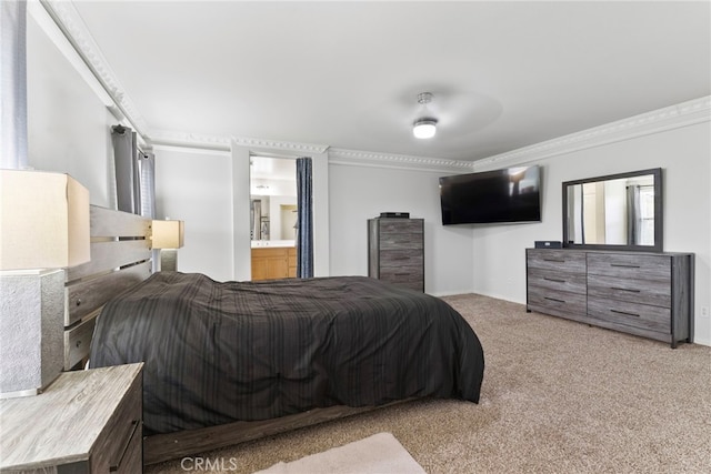 3883 Taconite Rd, San Bernardino, CA 92407 - carpeted bedroom featuring ornamental molding, ensuite bath, ceiling fan, and baseboards