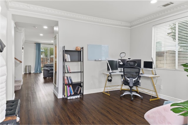 3883 Taconite Rd, San Bernardino, CA 92407 - office area with wood finished floors, baseboards, recessed lighting, and ornamental molding