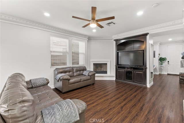 3883 Taconite Rd, San Bernardino, CA 92407 - living area with a ceiling fan, crown molding, recessed lighting, baseboards, and dark wood-type flooring