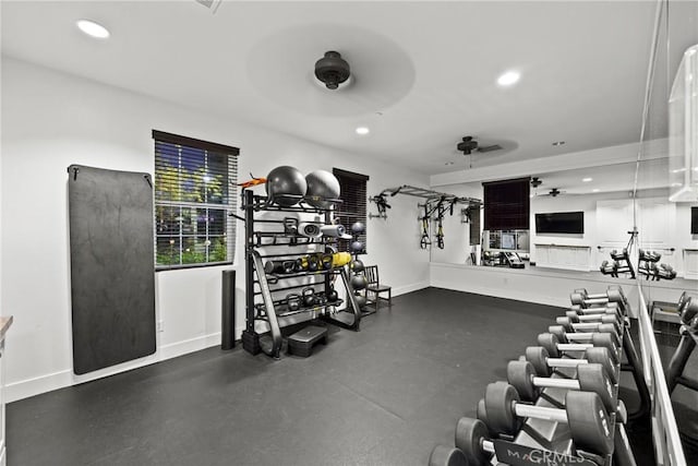 3883 Taconite Rd, San Bernardino, CA 92407 - workout area featuring recessed lighting, baseboards, and a ceiling fan