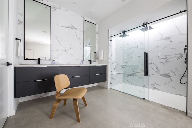 7035 Sunny Vista Rd, Joshua Tree, CA 92252 - full bathroom with a marble finish shower, double vanity, and finished concrete flooring