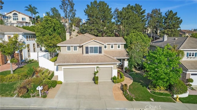 16 Vitale Ln, Lake Forest, CA 92610 - view of front facade featuring a tiled roof, concrete driveway, an attached garage, a chimney, and a residential view