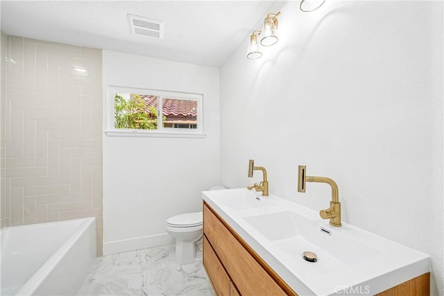 23 Santa Isabel, Rancho Santa Margarita, CA 92688 - bathroom with vanity, toilet, marble finish floors, and shower / bathtub combination