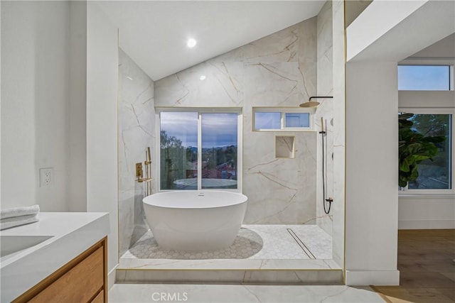 23 Santa Isabel, Rancho Santa Margarita, CA 92688 - full bath featuring a freestanding bath, vanity, a marble finish shower, wood finished floors, and recessed lighting