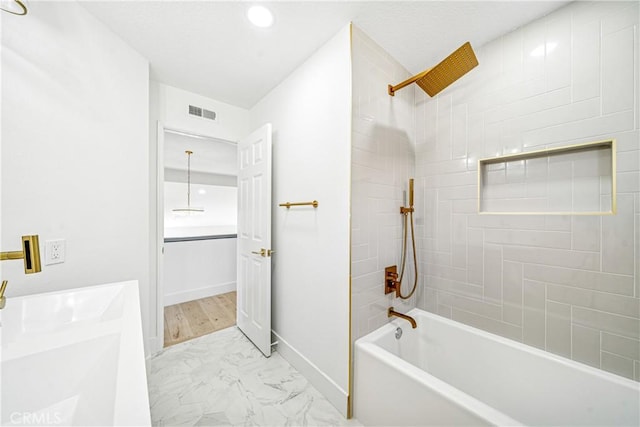23 Santa Isabel, Rancho Santa Margarita, CA 92688 - bathroom with marble look tile flooring, shower / bath combination, vanity, recessed lighting, and baseboards