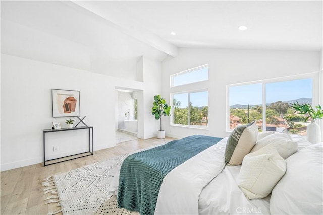 23 Santa Isabel, Rancho Santa Margarita, CA 92688 - bedroom with baseboards, wood finished floors, high vaulted ceiling, beamed ceiling, and ensuite bath