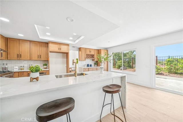 23 Santa Isabel, Rancho Santa Margarita, CA 92688 - kitchen with a raised ceiling, a sink, decorative backsplash, recessed lighting, and light wood-style floors