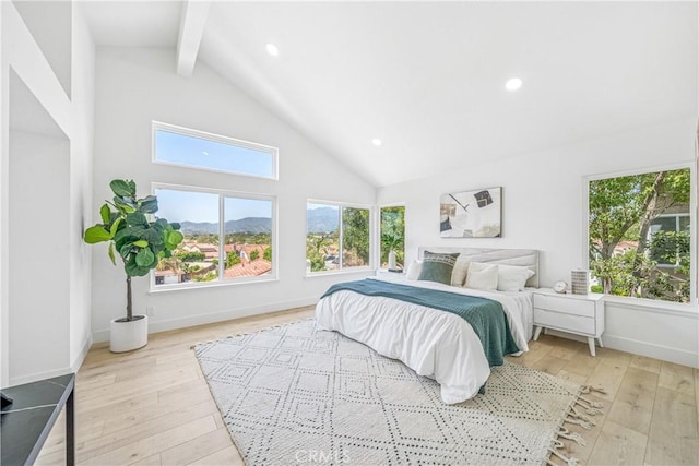 23 Santa Isabel, Rancho Santa Margarita, CA 92688 - bedroom featuring beamed ceiling, multiple windows, high vaulted ceiling, hardwood / wood-style floors, and recessed lighting