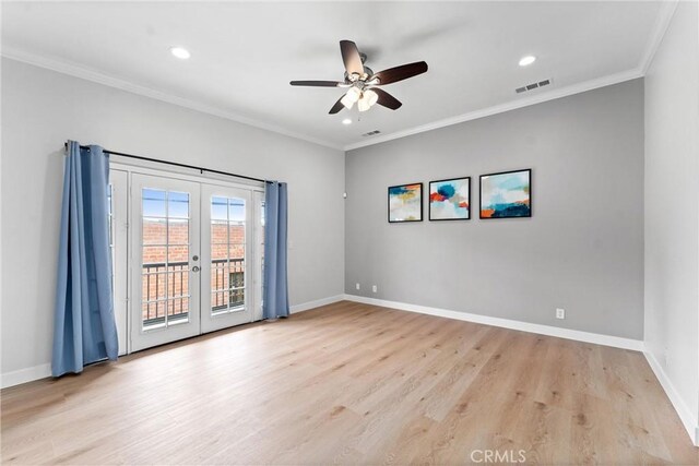 1960 Chariton St, Los Angeles, CA 90034 - spare room featuring french doors, light wood-type flooring, baseboards, a ceiling fan, and crown molding