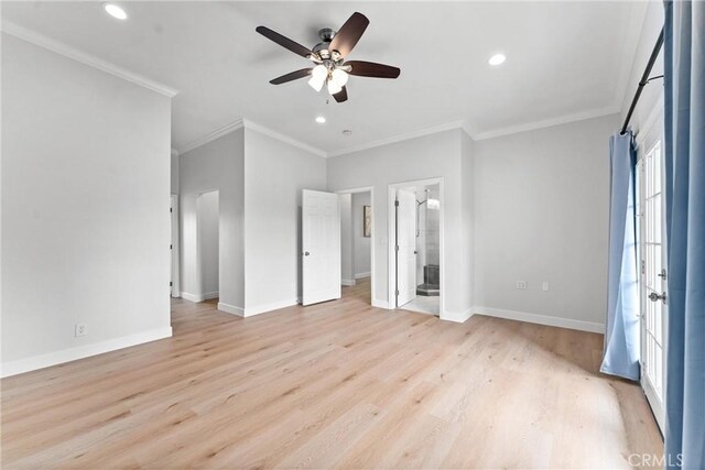 1960 Chariton St, Los Angeles, CA 90034 - unfurnished bedroom featuring recessed lighting, baseboards, light wood-style floors, ornamental molding, and ensuite bathroom
