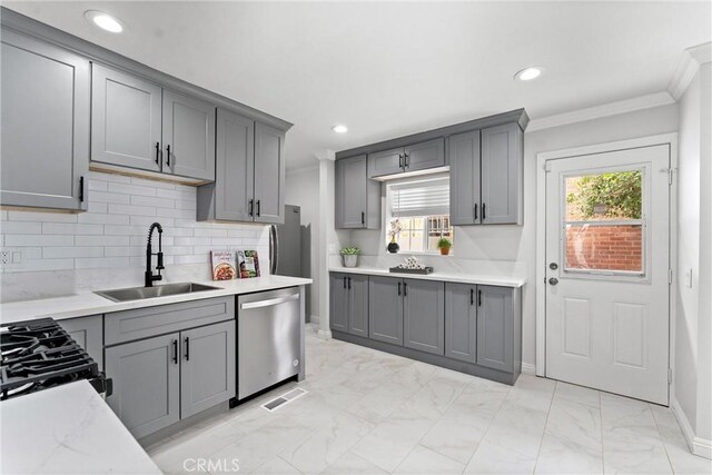 1960 Chariton St, Los Angeles, CA 90034 - kitchen featuring dishwasher, gray cabinetry, a sink, crown molding, and decorative backsplash