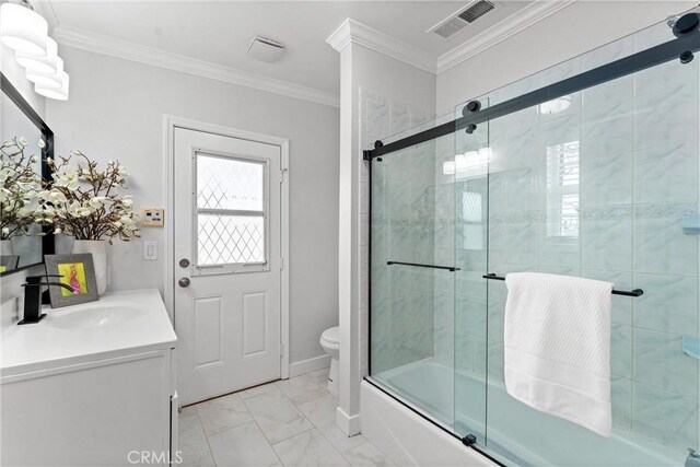 1960 Chariton St, Los Angeles, CA 90034 - bathroom featuring vanity, toilet, marble look tiles, shower / bath combination with glass door, and ornamental molding