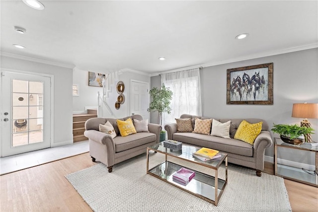 1960 Chariton St, Los Angeles, CA 90034 - living room with crown molding, stairs, light wood-style floors, recessed lighting, and baseboards