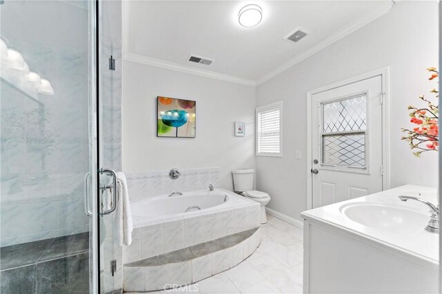 1960 Chariton St, Los Angeles, CA 90034 - full bath with crown molding, a bath, marble finish flooring, a shower stall, and double vanity