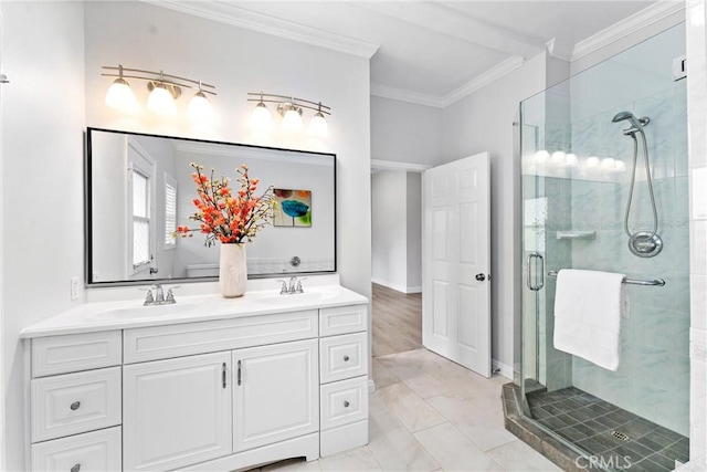 1960 Chariton St, Los Angeles, CA 90034 - bathroom with crown molding, a stall shower, double vanity, and baseboards