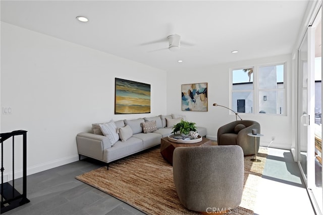 420 34th St, Manhattan Beach, CA 90266 - living room featuring a ceiling fan, dark wood-style floors, and recessed lighting