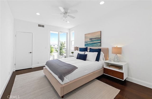 420 34th St, Manhattan Beach, CA 90266 - bedroom featuring access to outside, recessed lighting, wood finished floors, and ceiling fan