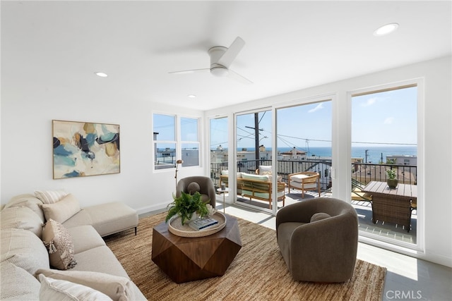 420 34th St, Manhattan Beach, CA 90266 - living area featuring a ceiling fan, recessed lighting, and a water view