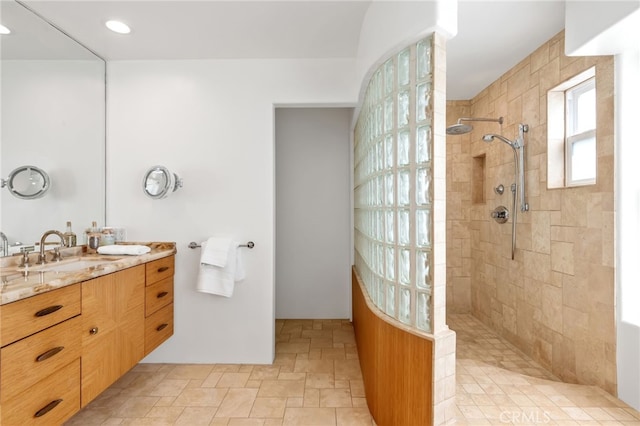 420 34th St, Manhattan Beach, CA 90266 - bathroom with walk in shower, double vanity, and stone finish flooring