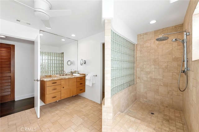 420 34th St, Manhattan Beach, CA 90266 - bathroom featuring a walk in shower, vanity, ceiling fan, and recessed lighting