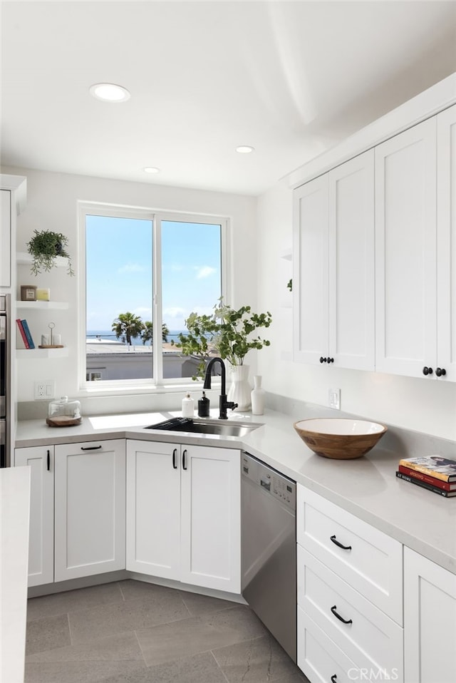 420 34th St, Manhattan Beach, CA 90266 - kitchen featuring stainless steel dishwasher, open shelves, white cabinetry, light countertops, and recessed lighting
