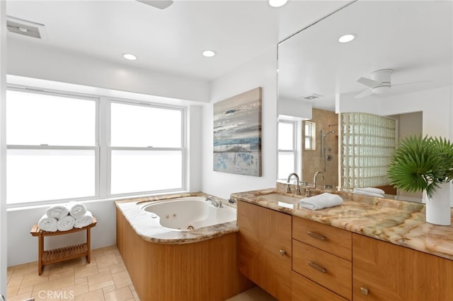 420 34th St, Manhattan Beach, CA 90266 - full bathroom with a ceiling fan, a stall shower, a whirlpool tub, vanity, and recessed lighting