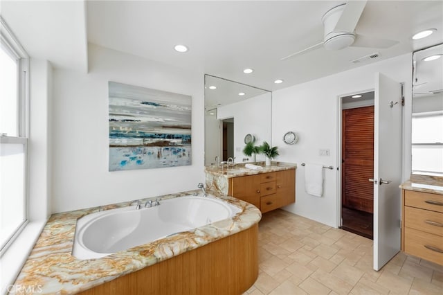 420 34th St, Manhattan Beach, CA 90266 - full bath with vanity, a bath, a ceiling fan, and recessed lighting