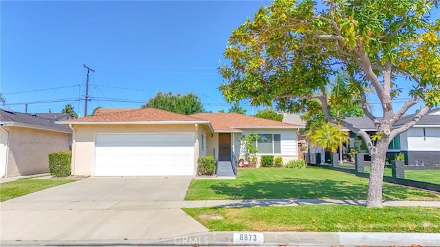 8873 Dalewood Ave, Pico Rivera, CA 90660 - ranch-style house with a front yard, an attached garage, stucco siding, and concrete driveway