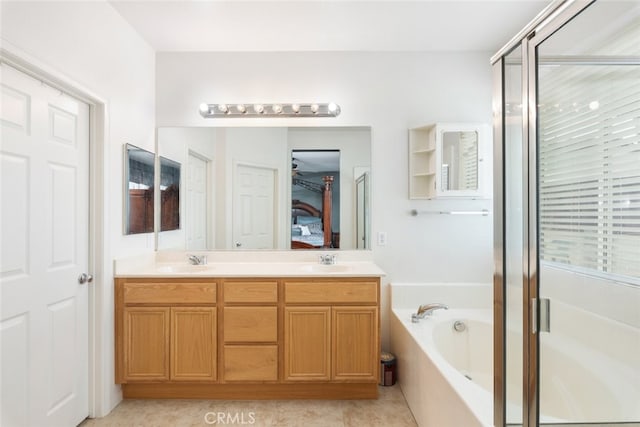 26146 Deer Run St, Menifee, CA 92584 - bathroom with a garden tub, a shower stall, double vanity, and tile patterned floors