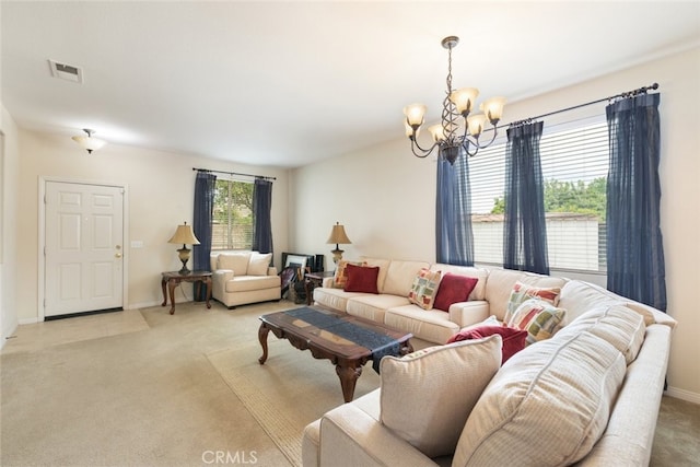 26146 Deer Run St, Menifee, CA 92584 - living room featuring a chandelier, light colored carpet, and baseboards