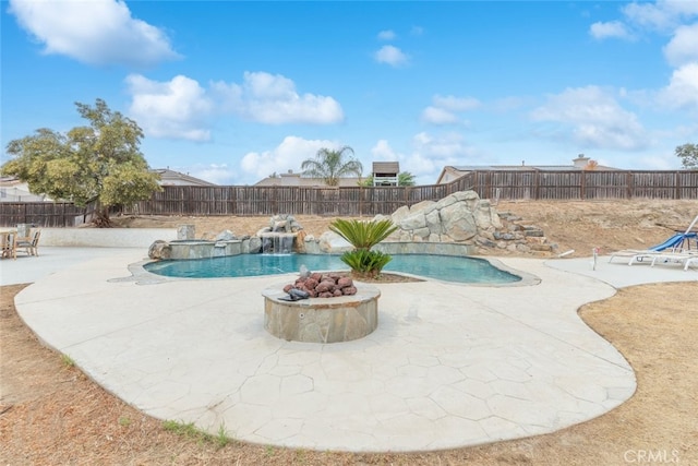 26146 Deer Run St, Menifee, CA 92584 - view of swimming pool featuring a patio, a fenced backyard, and a fire pit