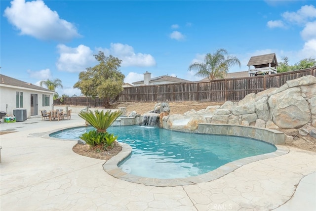 26146 Deer Run St, Menifee, CA 92584 - view of swimming pool featuring central air condition unit, a fenced backyard, and a patio