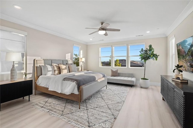 56 Claudius Ct, Irvine, CA 92618 - bedroom with wood finished floors, ornamental molding, recessed lighting, a ceiling fan, and baseboards