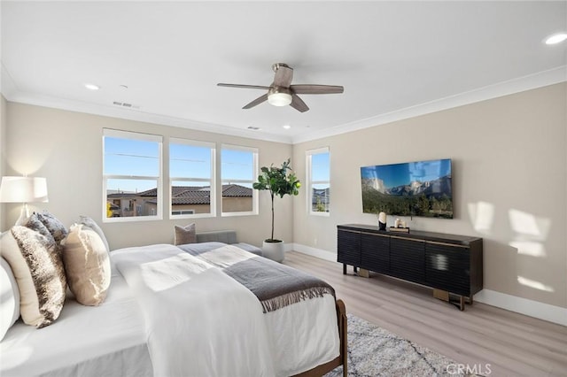 56 Claudius Ct, Irvine, CA 92618 - bedroom with baseboards, light wood-style flooring, ornamental molding, ceiling fan, and recessed lighting