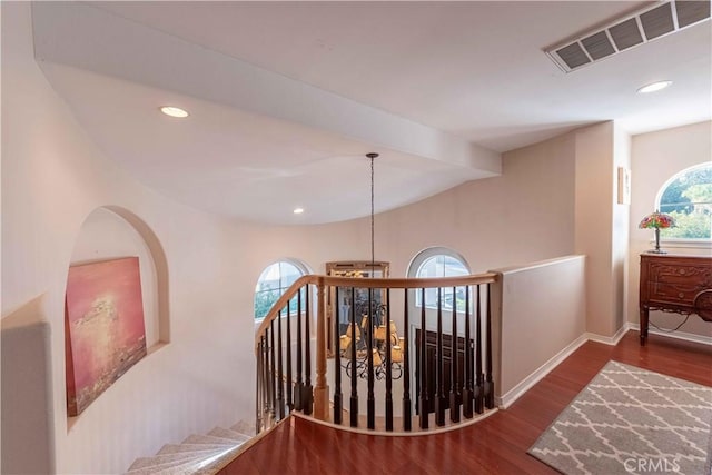 668 Corte Sol, Camarillo, CA 93010 - hall featuring wood finished floors, an upstairs landing, recessed lighting, baseboards, and beamed ceiling