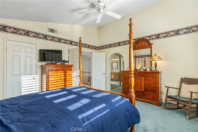 10880 Colusa St, Rancho Cucamonga, CA 91701 - carpeted bedroom featuring arched walkways, vaulted ceiling, and ceiling fan