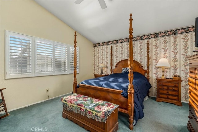 10880 Colusa St, Rancho Cucamonga, CA 91701 - carpeted bedroom with multiple windows, vaulted ceiling, baseboards, and a ceiling fan