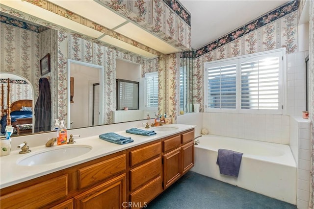 10880 Colusa St, Rancho Cucamonga, CA 91701 - bathroom featuring a garden tub, wallpapered walls, and double vanity