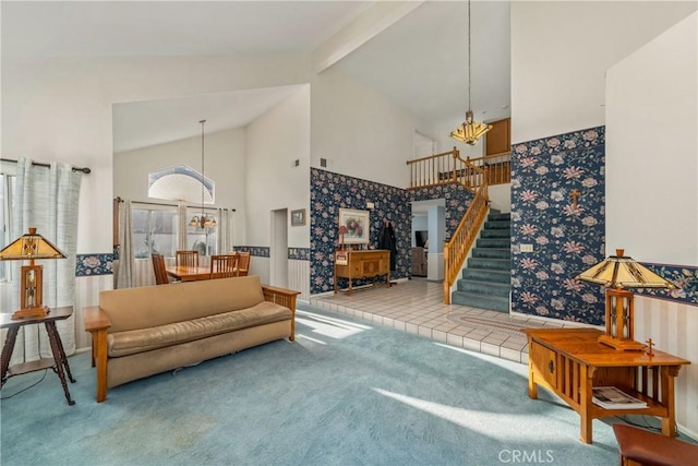 10880 Colusa St, Rancho Cucamonga, CA 91701 - living area with a chandelier, stairway, carpet floors, high vaulted ceiling, and beam ceiling