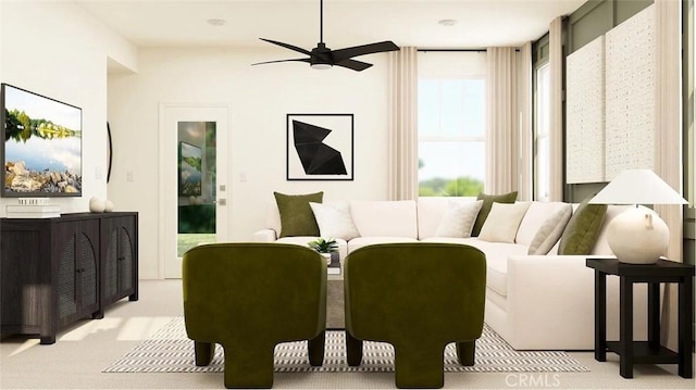 1630 Eagle Rd, Rialto, CA 92376 - carpeted living room featuring ceiling fan