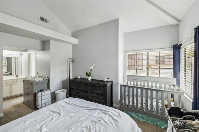 18107 Erik Ct Unit 462, Canyon Country, CA 91387 - bedroom with vaulted ceiling, carpet, and connected bathroom