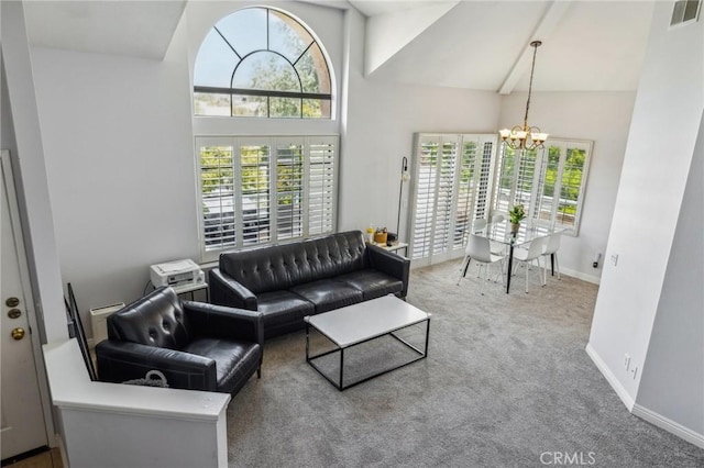 18107 Erik Ct Unit 462, Canyon Country, CA 91387 - carpeted living area with a chandelier, baseboards, and high vaulted ceiling