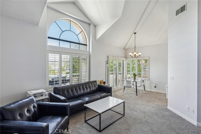 18107 Erik Ct Unit 462, Canyon Country, CA 91387 - carpeted living room with a chandelier, baseboards, and high vaulted ceiling