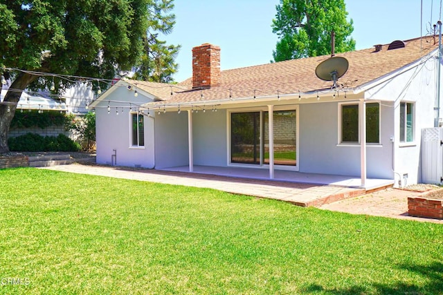 513 E Comstock Ave, Glendora, CA 91741 - rear view of property with a patio area, stucco siding, a chimney, and a lawn