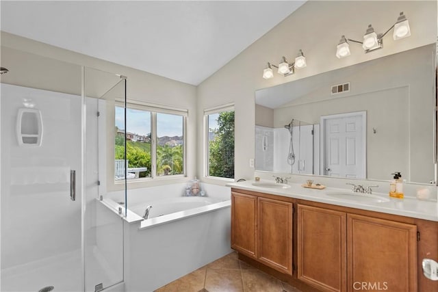 28409 Connick Pl, Saugus, CA 91350 - full bath featuring lofted ceiling, a shower stall, double vanity, a bath, and tile patterned flooring