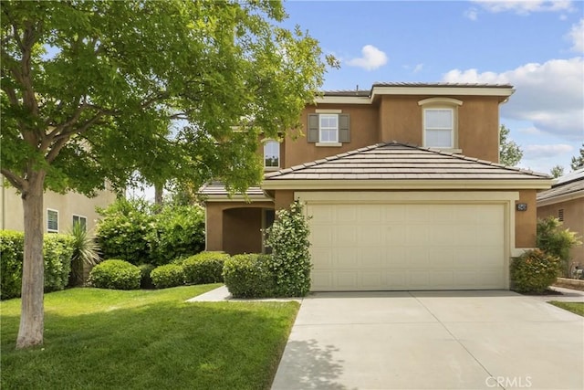 28409 Connick Pl, Saugus, CA 91350 - view of front of home featuring a garage, stucco siding, concrete driveway, a front lawn, and a tiled roof