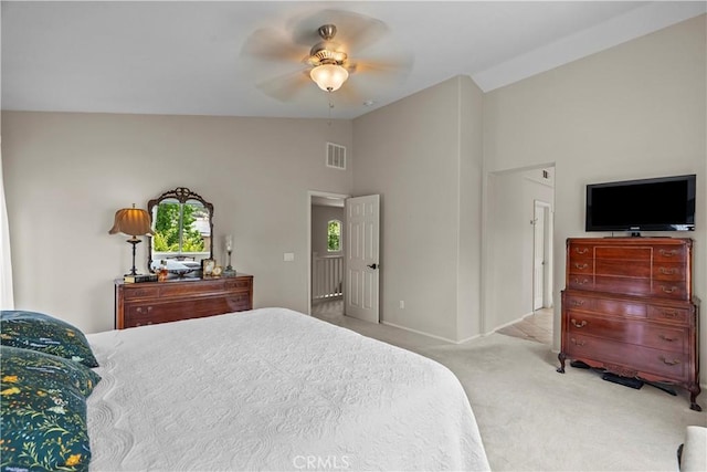 28409 Connick Pl, Saugus, CA 91350 - bedroom with carpet flooring, high vaulted ceiling, baseboards, and ceiling fan