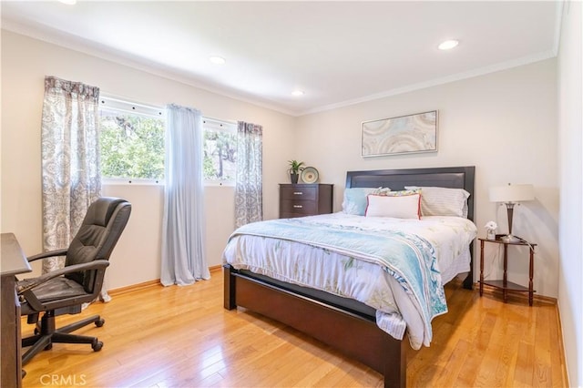 11811 Louise Ave, Granada Hills, CA 91344 - bedroom with crown molding, light wood-type flooring, baseboards, recessed lighting, and an office area